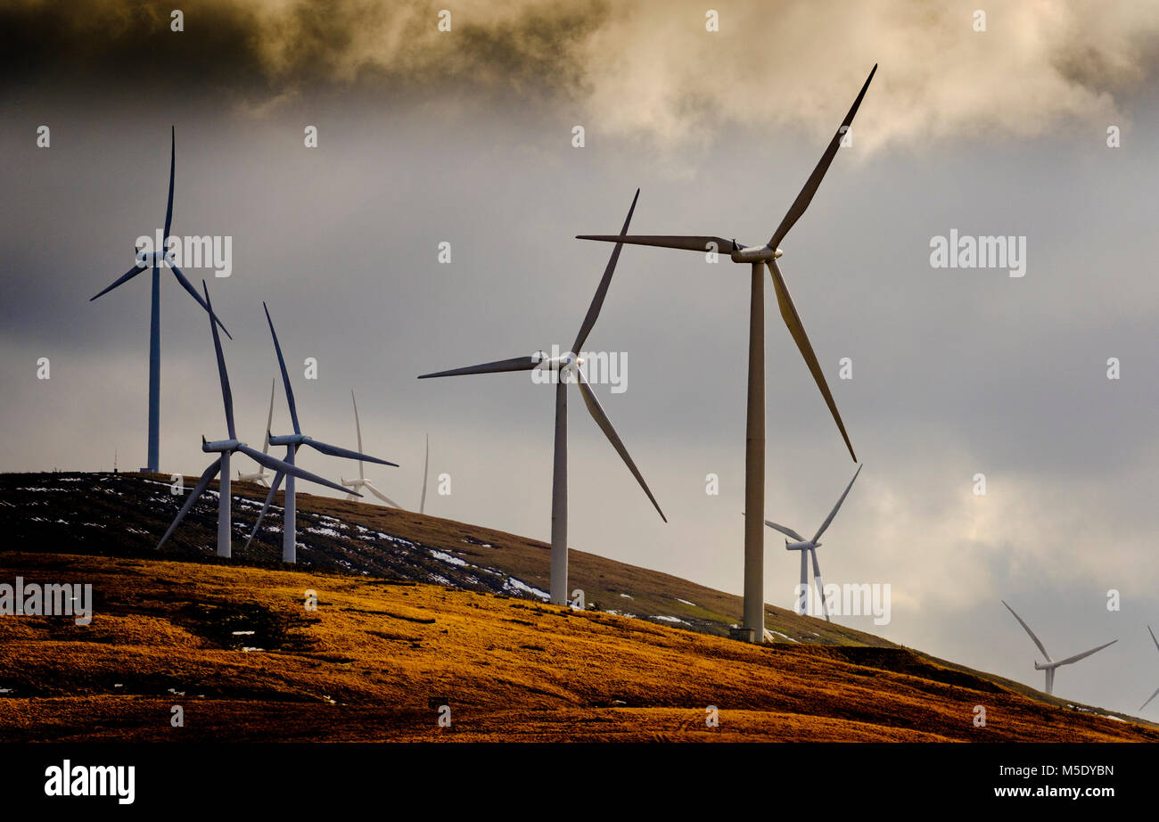 Wind Turbines on the Clyde Wind Farm - a 350 megawatt (MW) wind farm near Abington in South Lanarkshire, Scotland. Stock Photo