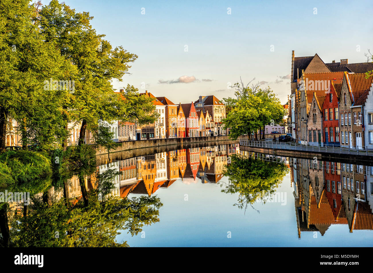 Beautiful Reflections in Belgian Canal - European Travel Stock Photo