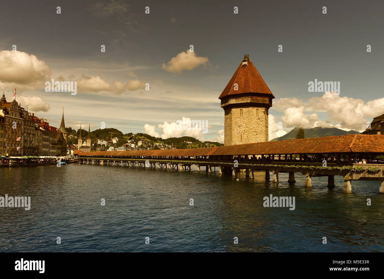 Lucerne cityscape, Switzerland. Chapel Bridge (Kapellbrucke) and Water