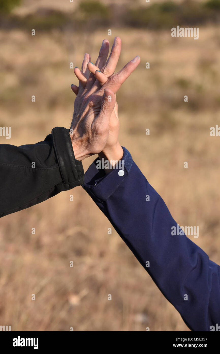 Two hands holding each other crossing fingers in the air symbolizing connection and friendship with black and blue sleeves Stock Photo