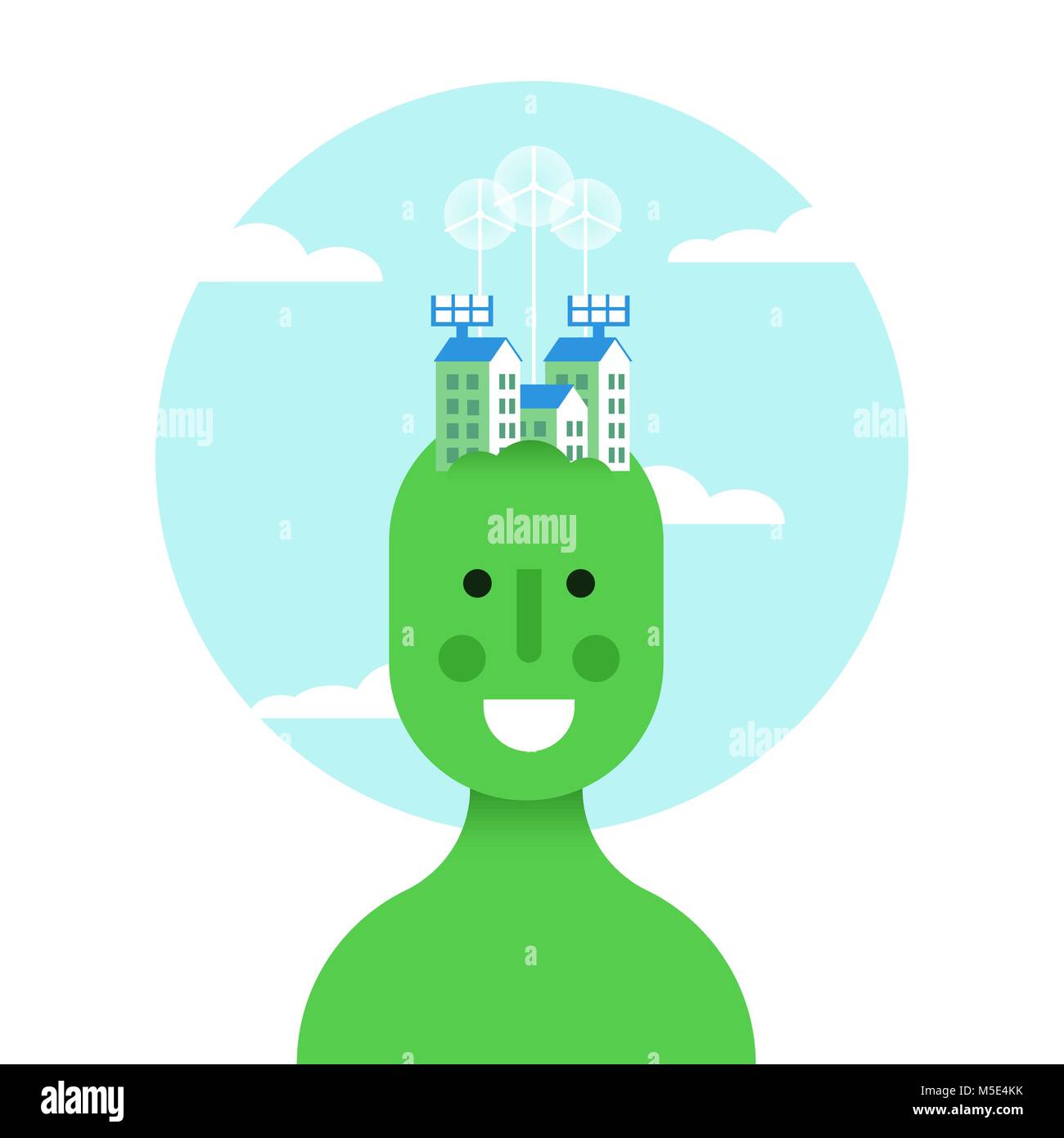 World ecology concept illustration, green man with sustainable city over head. Includes wind turbines, solar panels and houses. EPS10 vector. Stock Vector