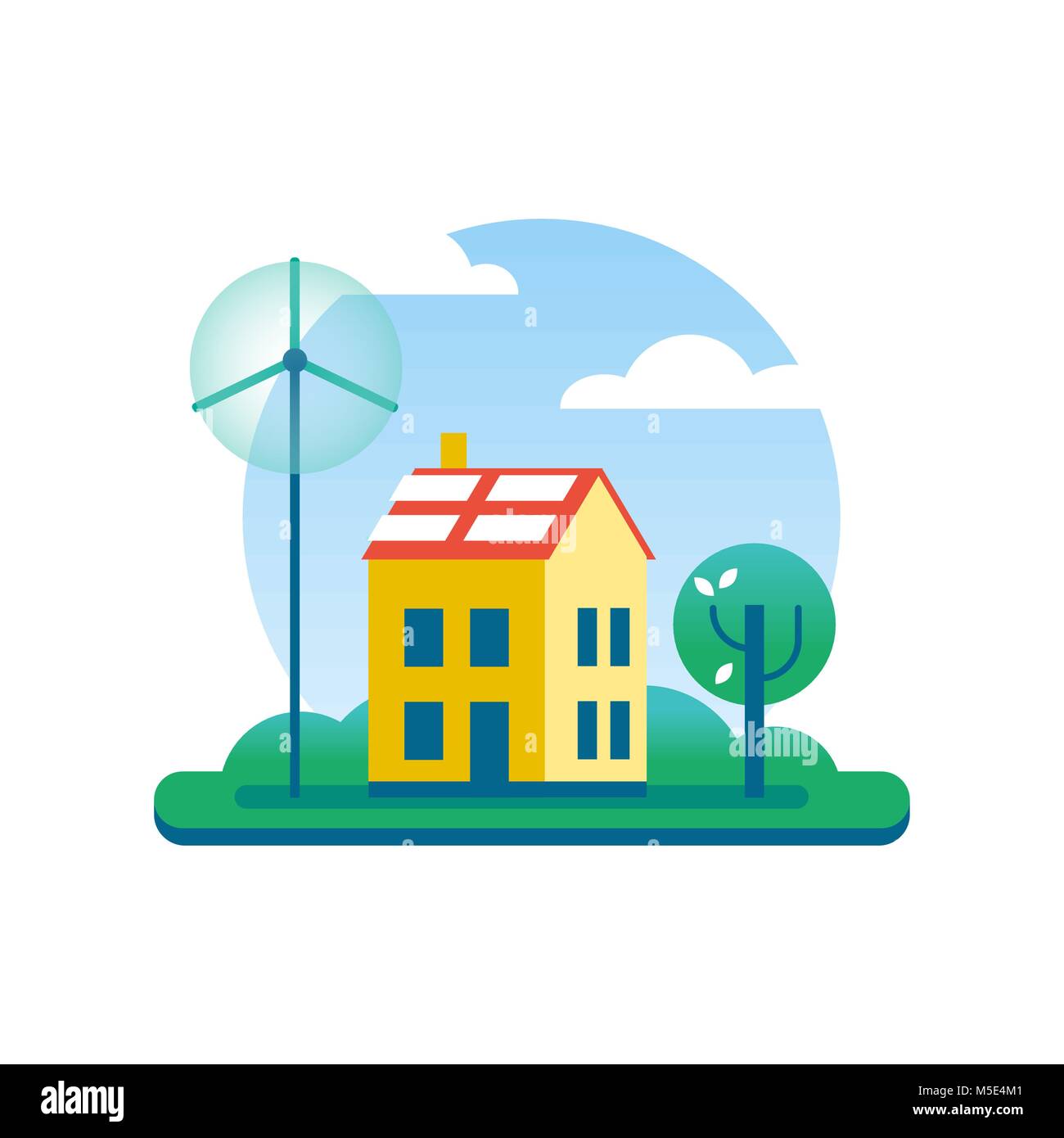 Eco friendly house illustration, clean energy sustainable home in flat art style with wind turbine, solar panels and tree for green environment conser Stock Vector