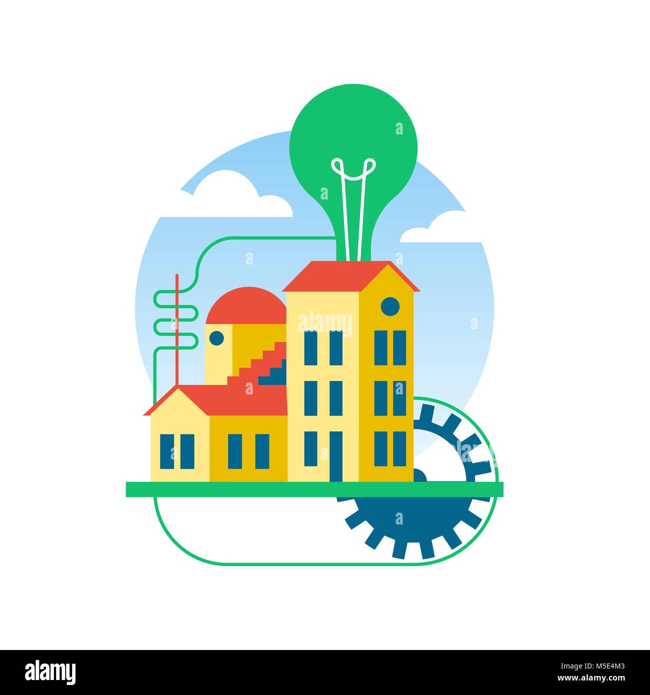 House building with big gear wheel connected to giant green light bulb. Concept flat art illustration ideal for eco friendly design or creative thinki Stock Vector