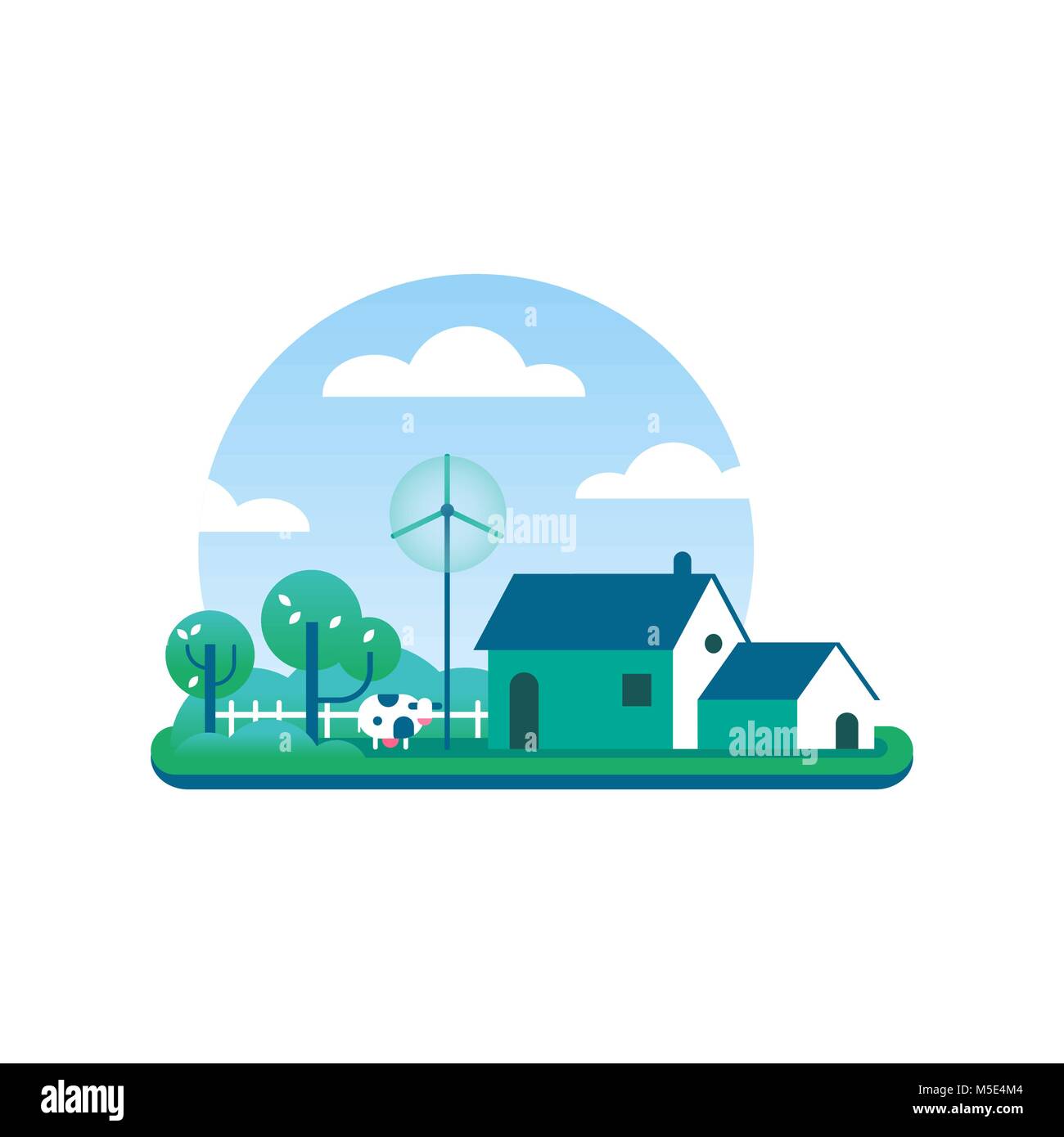 Eco friendly farm house illustration, rural building in flat art style with cow, barn, wind turbine and trees. Sustainable agriculture lifestyle conce Stock Vector