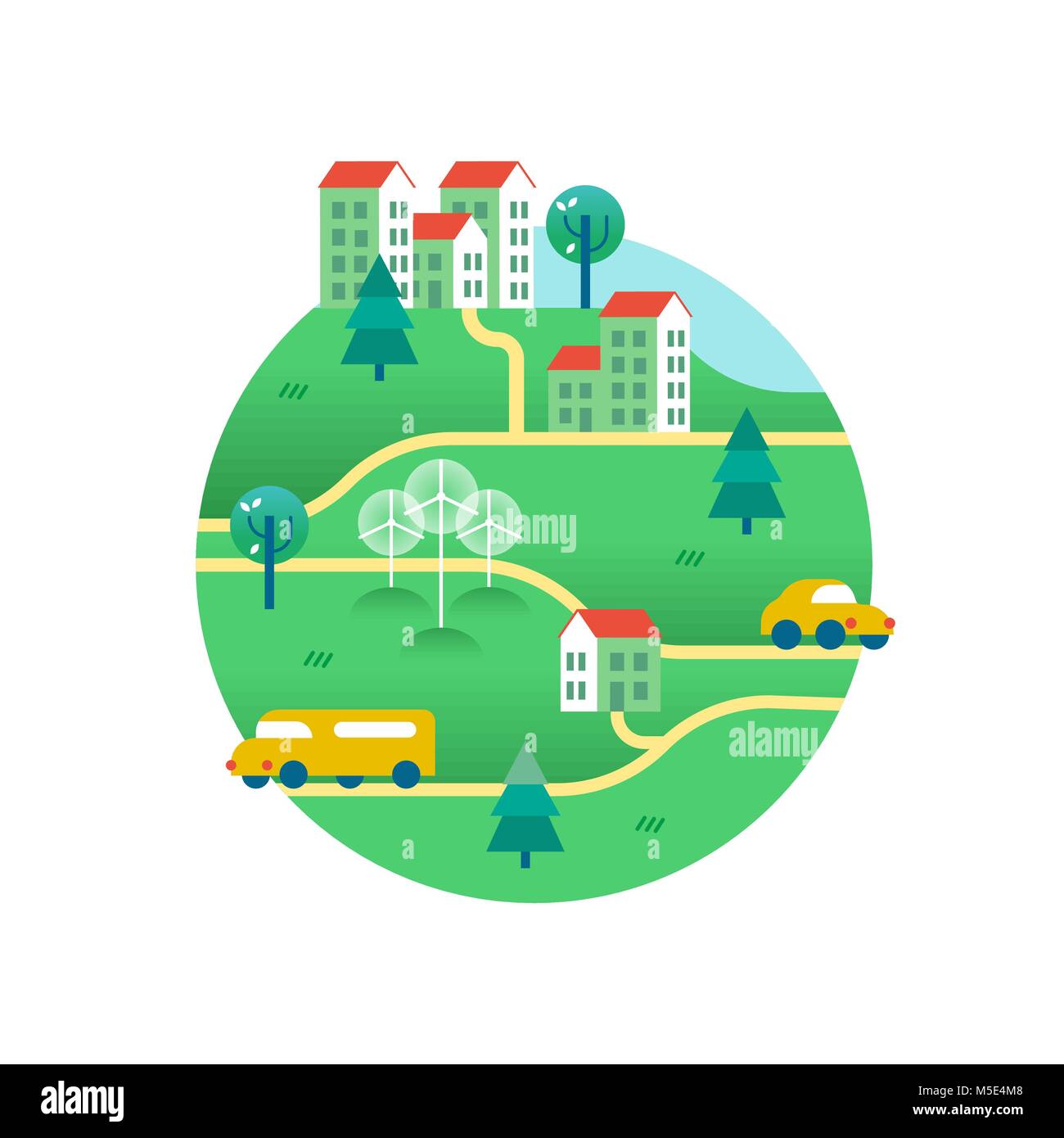 Eco friendly world with public transport, electric cars, solar panels on houses and wind turbines. Environment conservation concept illustration in mo Stock Vector