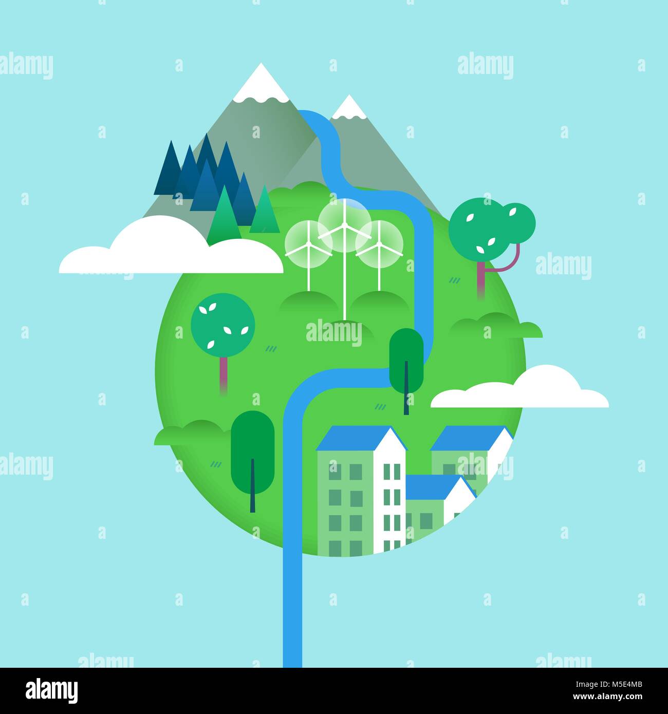 Green world illustration with nature elements and houses, environment conservation concept of planet earth. Includes mountain landscape, river, trees, Stock Vector