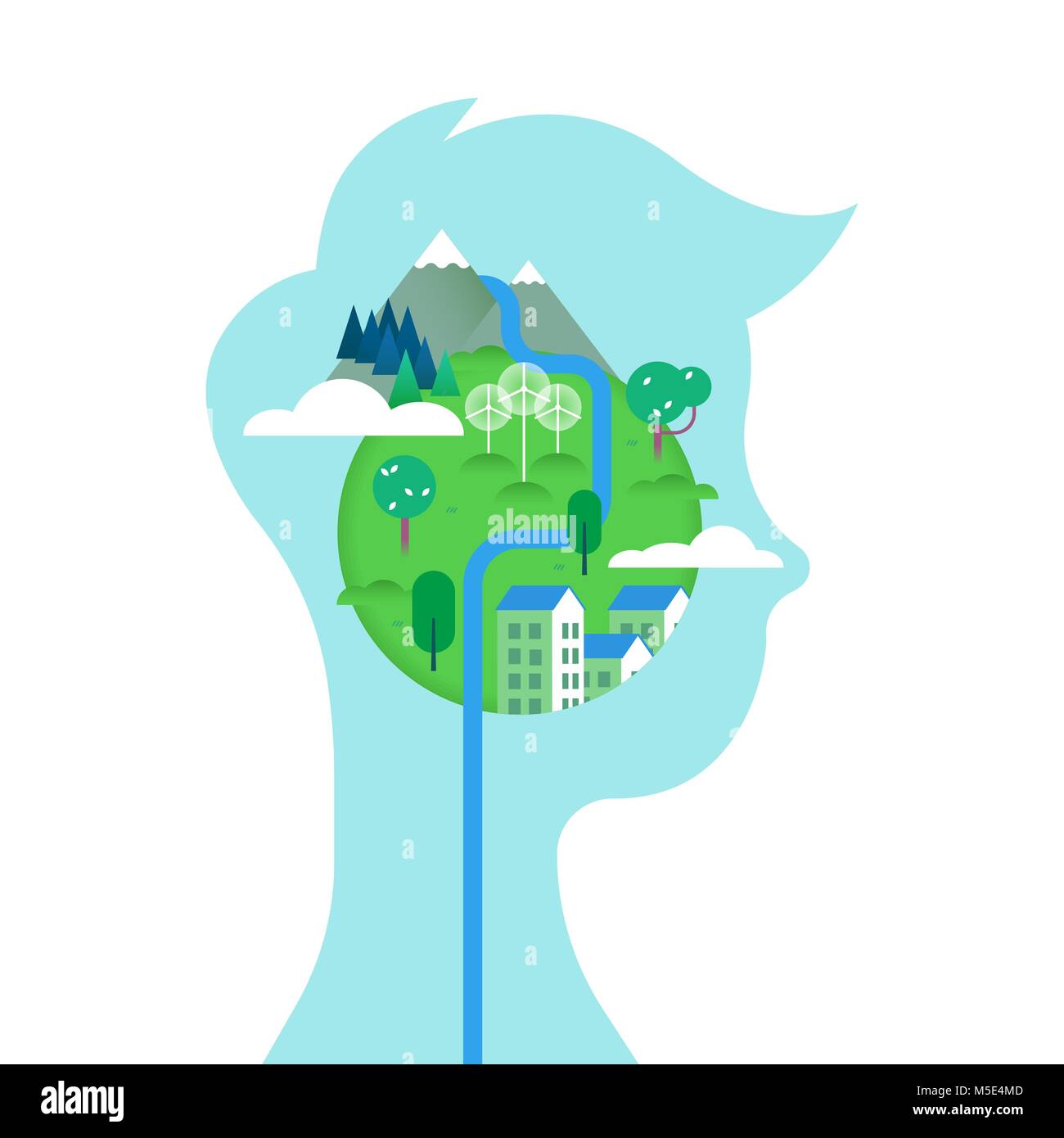 Think green concept illustration. Boy profile head with earth world inside. Environmental care design of mountain landscape, wind turbines, sustainabl Stock Vector