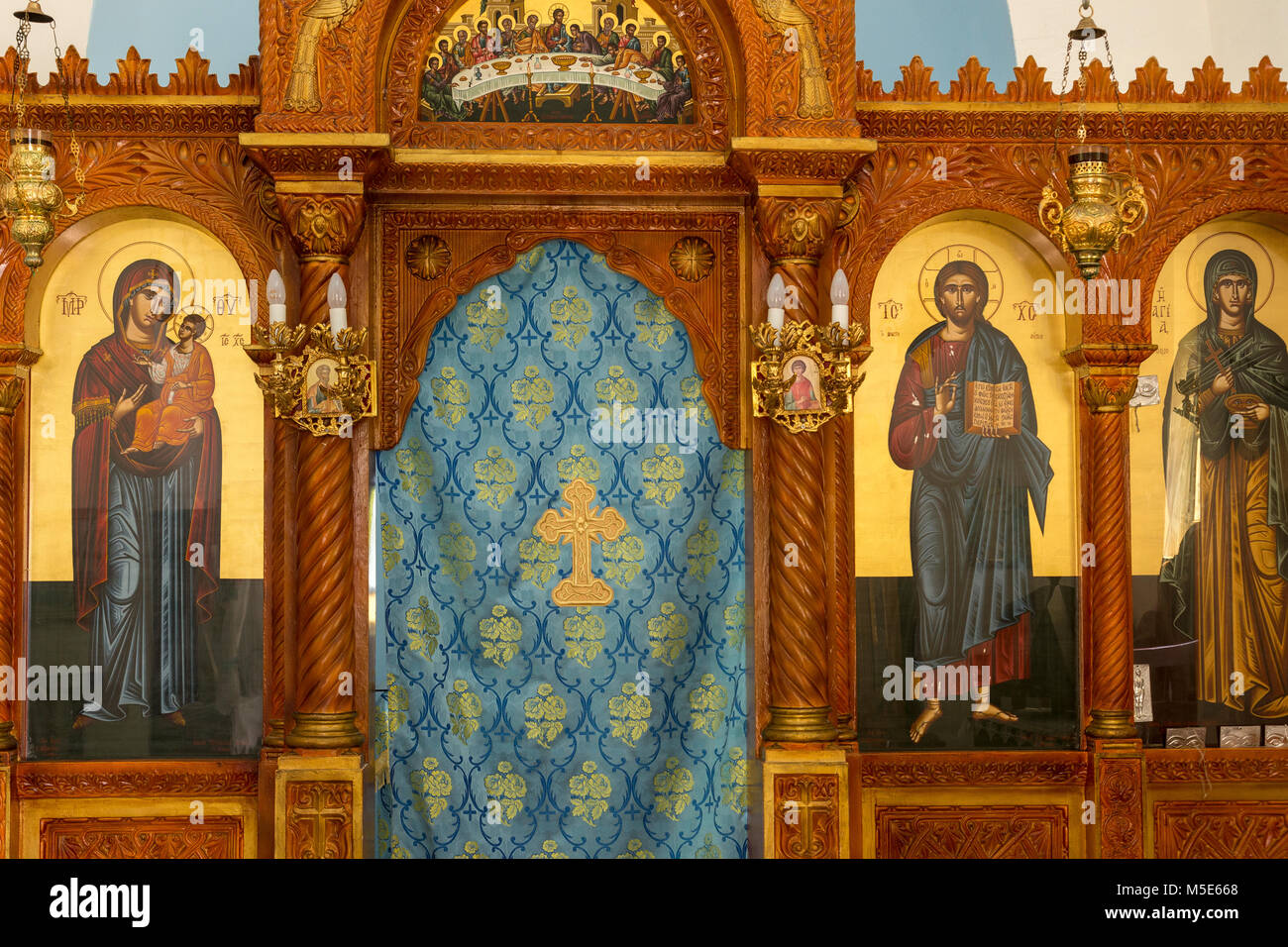 Interior of greek orthodox church Agia Paraskevi on the south coast of Crete Stock Photo