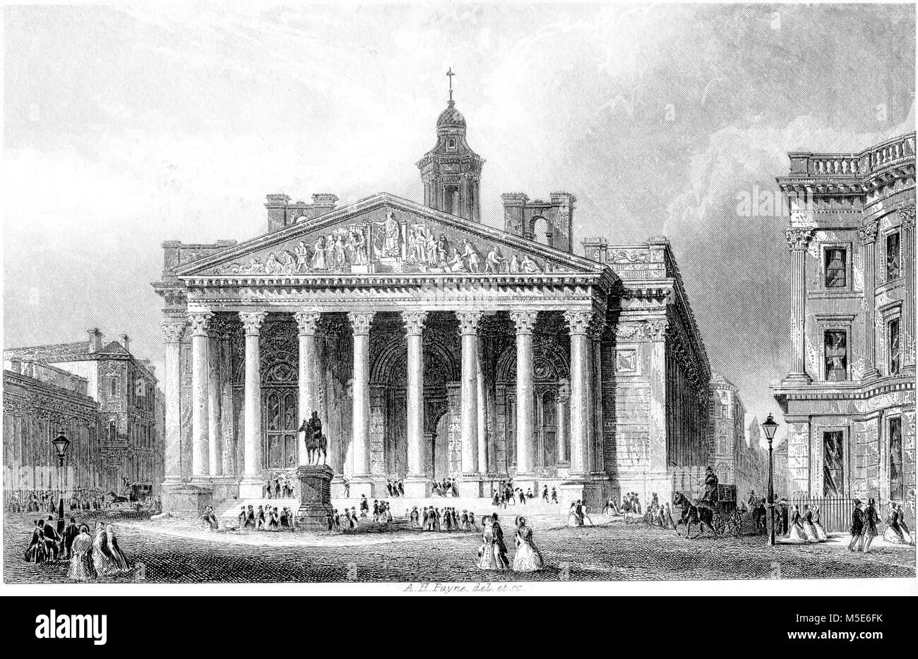 An engraving of the Royal Exchange, London UK scanned at high resolution from a book printed in 1851. Believed copyright free. Stock Photo