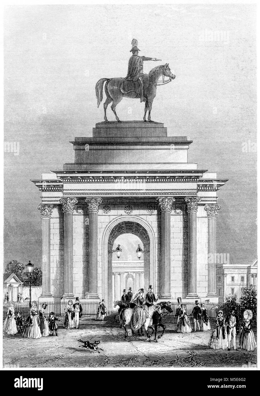 An engraving of the Entrance to Green Park, London scanned at high