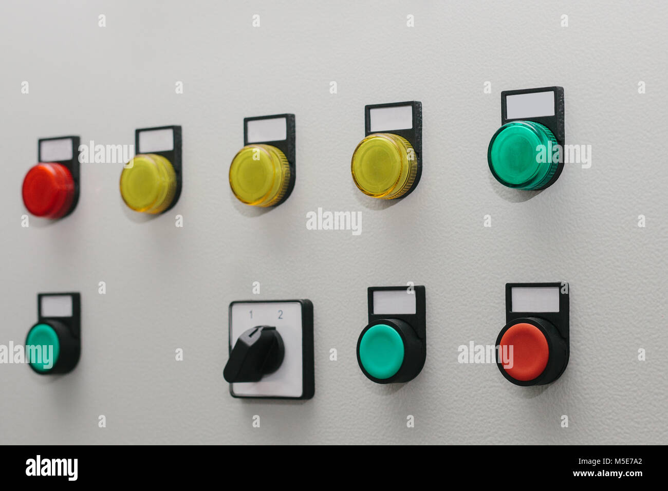 Low-voltage cabinet. Control buttons. Modern smart technologies in the electric power industry. The use of electrical energy in industry. Stock Photo