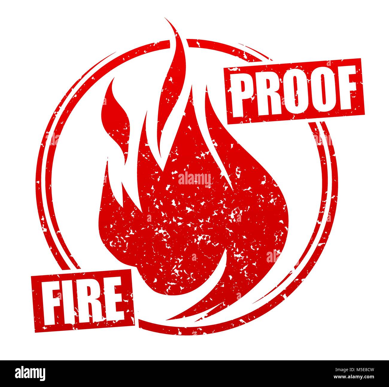 Abstract red grunge rubber stamp with caption FIREPROOF and blazing fire Stock Vector