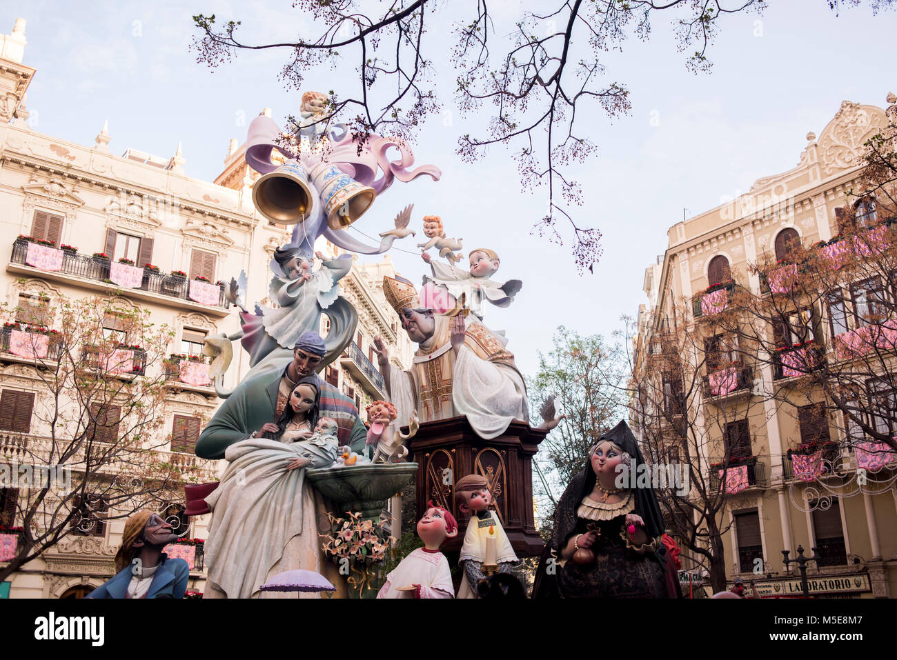 A Falla sculpture display on a city square during the annual 'Las Fallas' Festival taking place in Valencia, Spain. Stock Photo