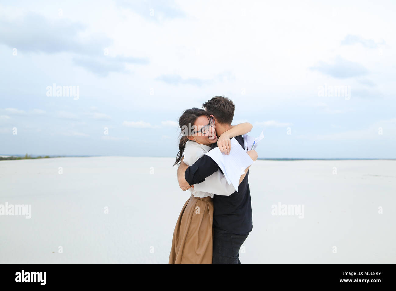 future journalists happy male and female promote project of Stock Photo ...