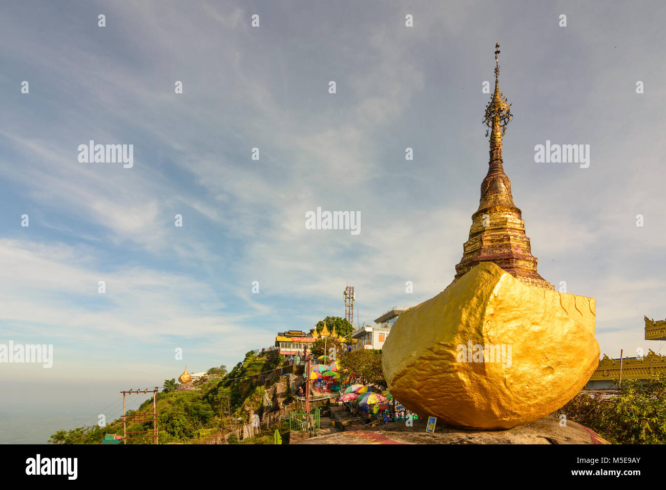 Kyaikto: Kyaukthanban (Stone Boat Stupa), mount Kyaiktiyo Pagoda (Golden Rock) (left), , Mon State, Myanmar (Burma) Stock Photo