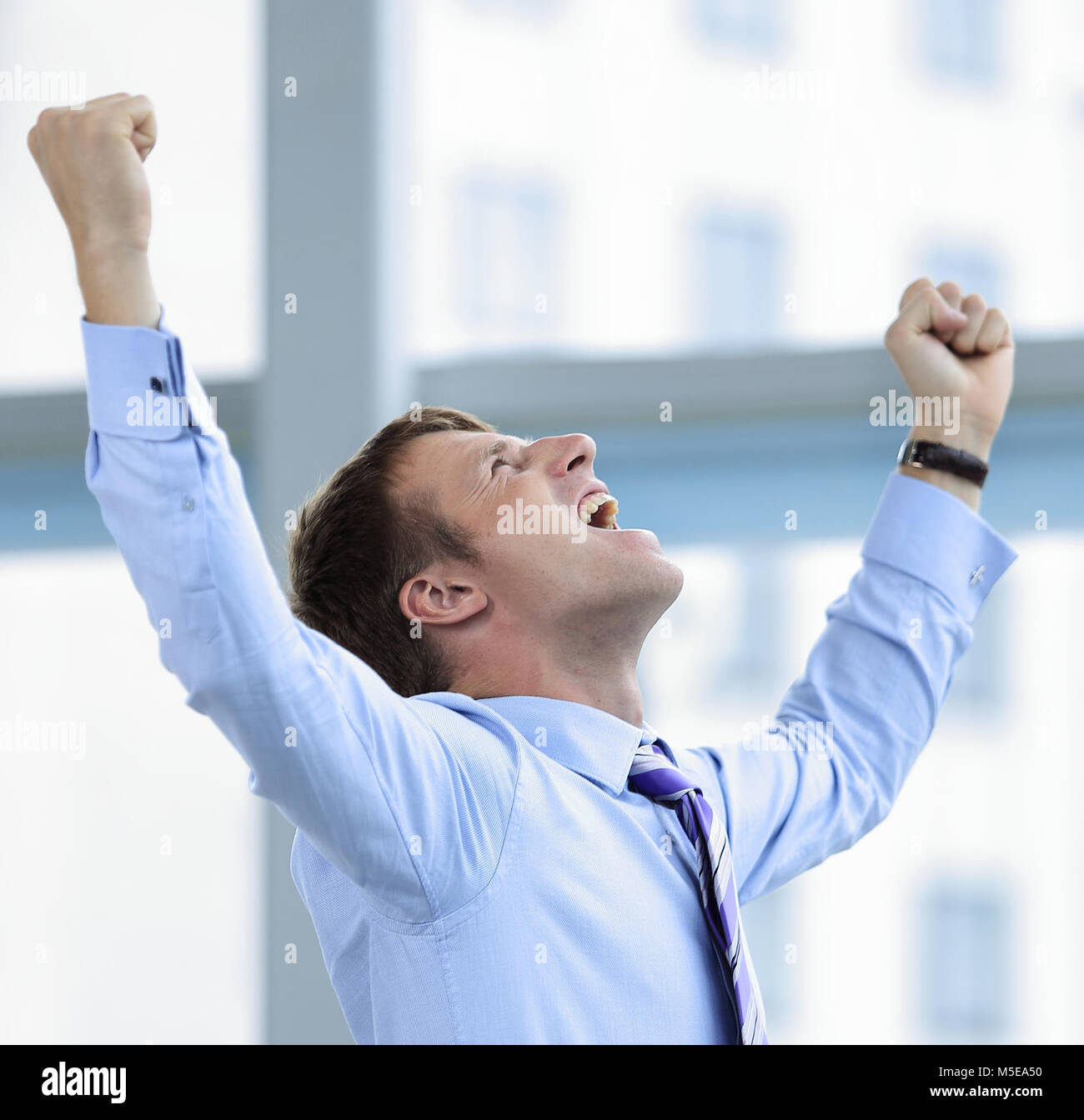 Businessman celebrating with his fists raised in the air Stock Photo ...