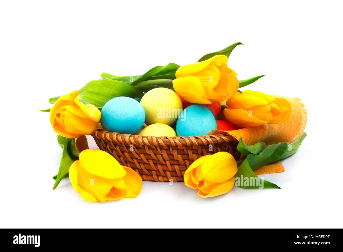 Colorful easter eggs in basket and tulips isolated on white Stock Photo ...