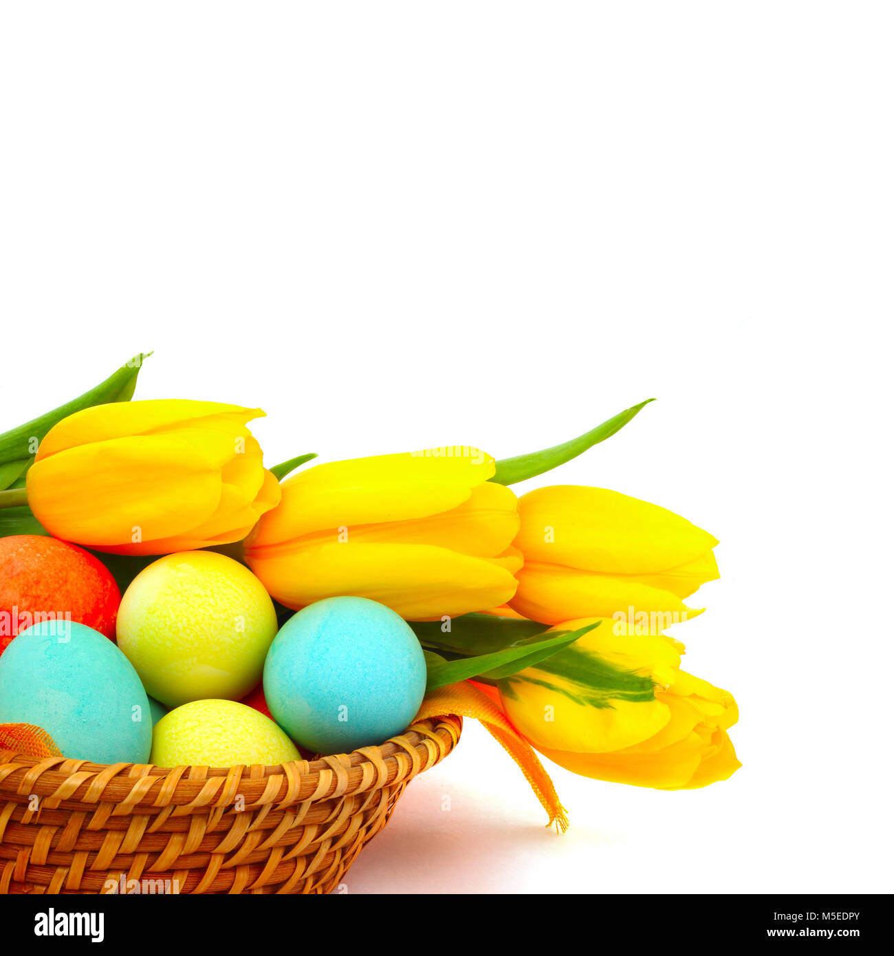 Colorful easter eggs in basket and tulips isolated on white corner composition Stock Photo