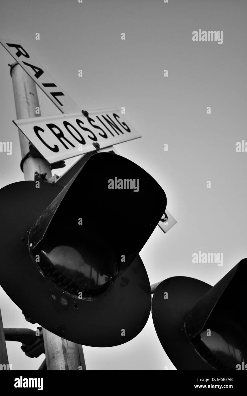 Black And White Railroad Crossing Sign With Lights Stock Photo
