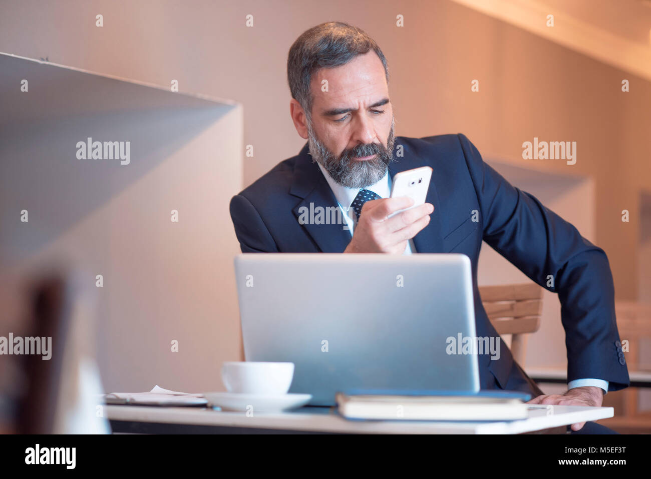 Senior old business typing a message on his cell phone in a coffee shop during a work break Stock Photo