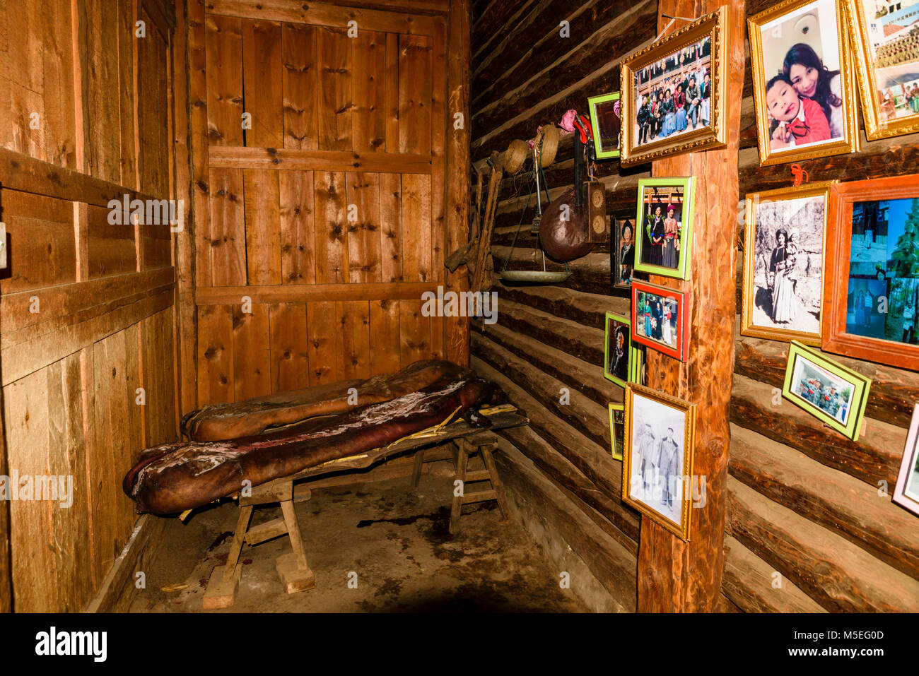 Part of the rital is drying up of a whole pig and given to the family. Stock Photo