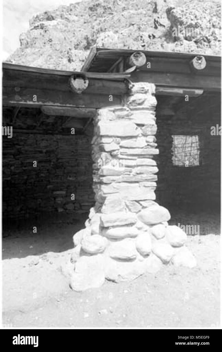 Grand Canyon Historic- Park Service Mule Corral   BARN/CORRAL -BLDG 222. PHANTOM RANCH. DETAIL STONE PIER - NOTE ROTTED RAFTER. 24 MAY 1985. , CLEELAND. Stock Photo