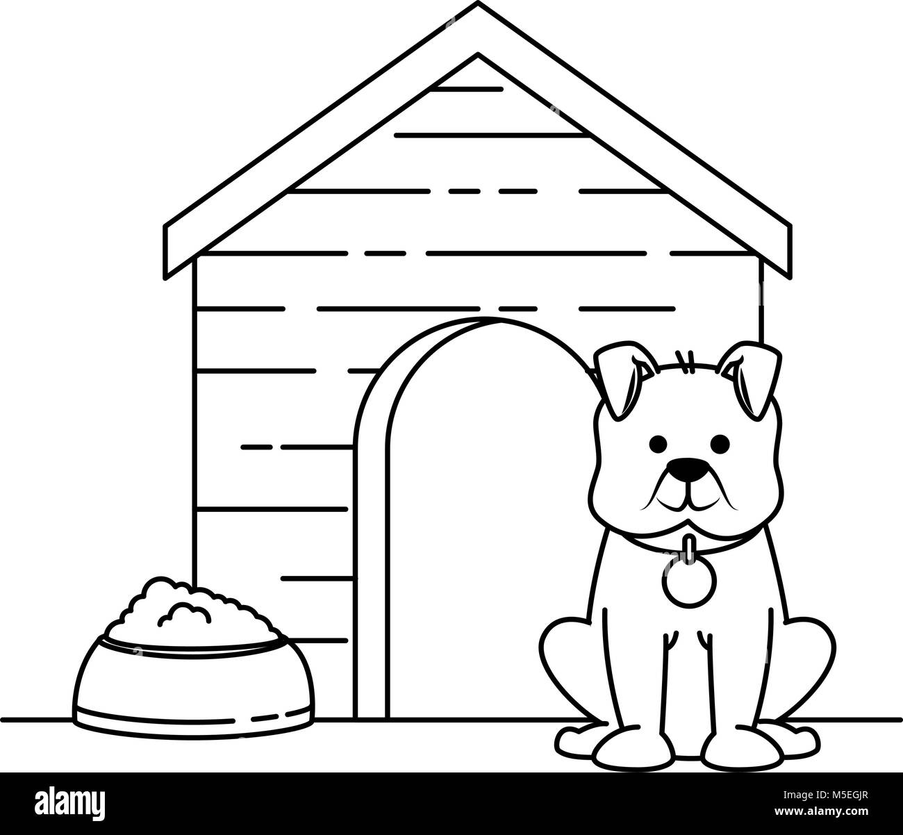 cute dog mascot with wooden house and dish food vector illustration ...
