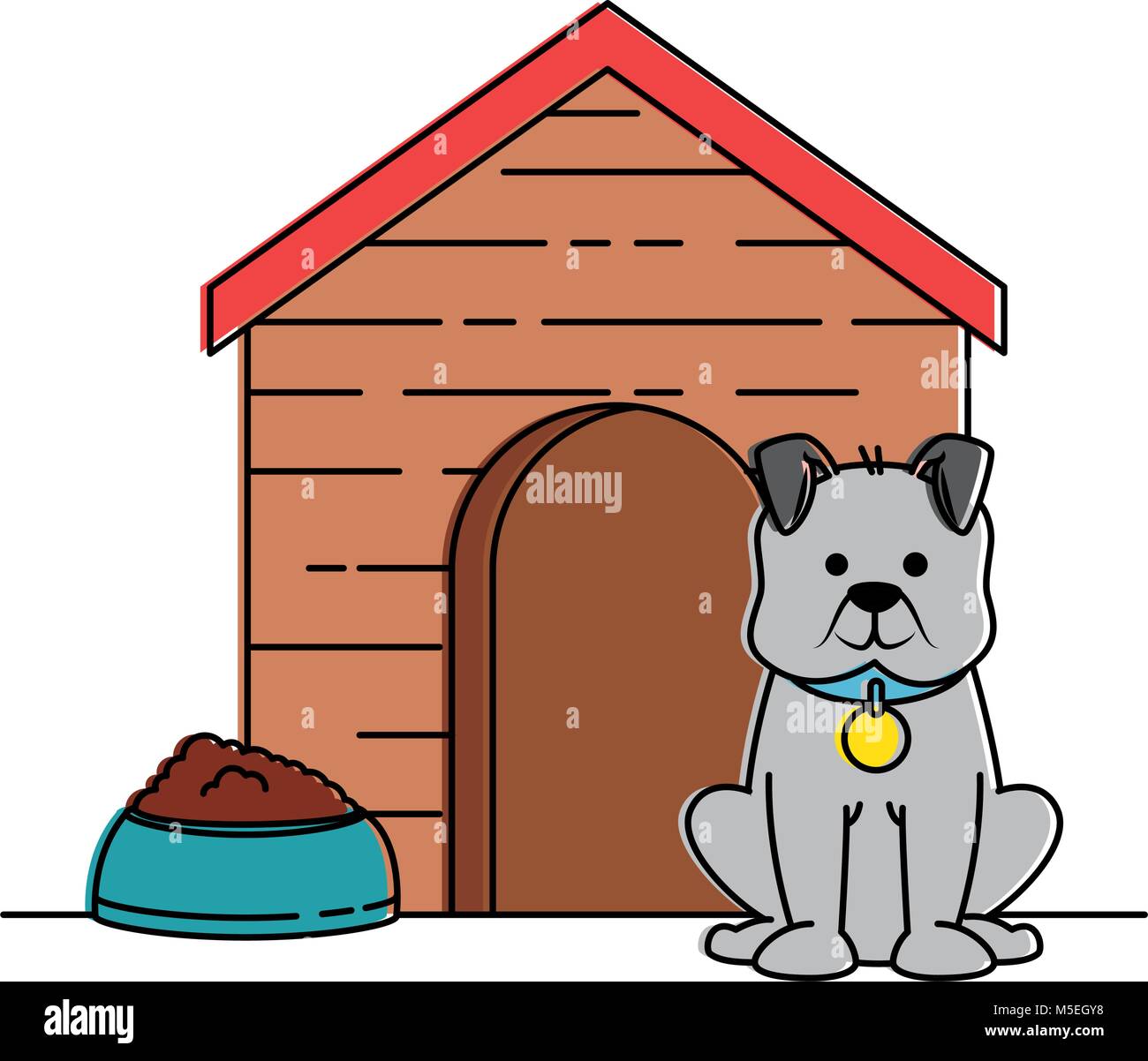 cute dog mascot with wooden house and dish food vector illustration ...