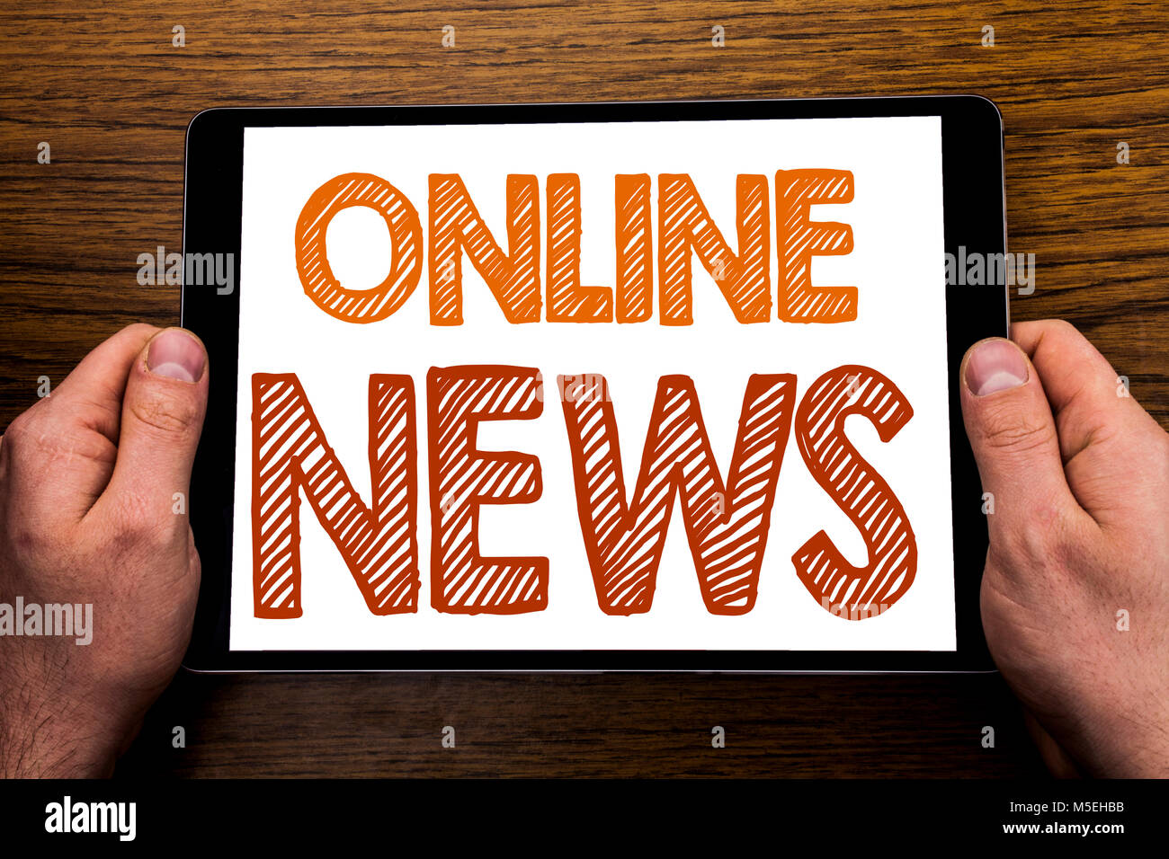 Hand Writing Text Caption Online News Business Concept For Online Newspaper Article Written Tablet Laptop Wooden Background With Businessman Hand F Stock Photo Alamy