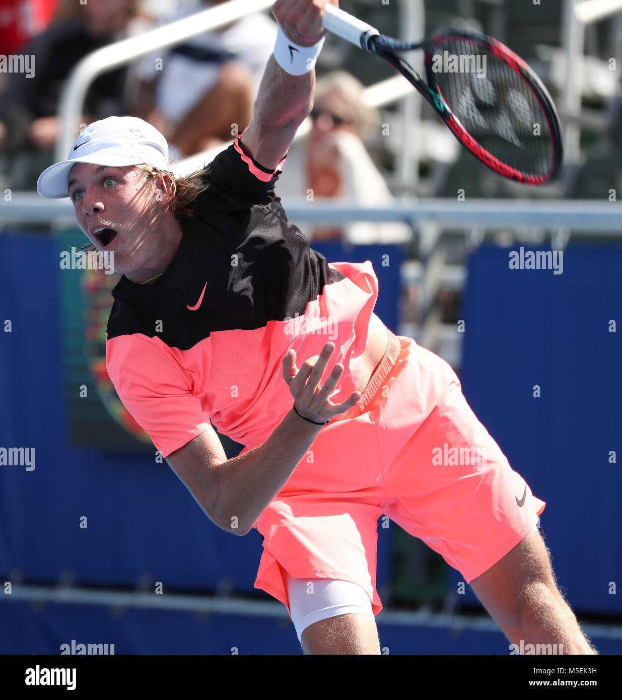 February 22, 2018: Frances Tiafoe, from USA, plays a backhand against Juan  Martin del Potro, from Argentina, during the 2018 Delray Beach Open ATP  professional tennis tournament, played at the Delray Beach