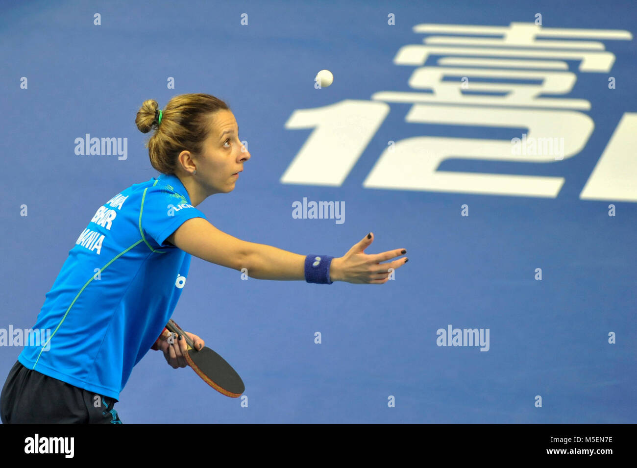 London, UK.  22 February 2018. Elizabeta Samara (ROU) serves during the Chinese Taipei v Romania match at the ITTF Team World Cup London 2018 taking place at the Copper Box Arena, Queen Elizabeth Olympic Park, 22-25 February.  Credit: Stephen Chung / Alamy Live News Stock Photo