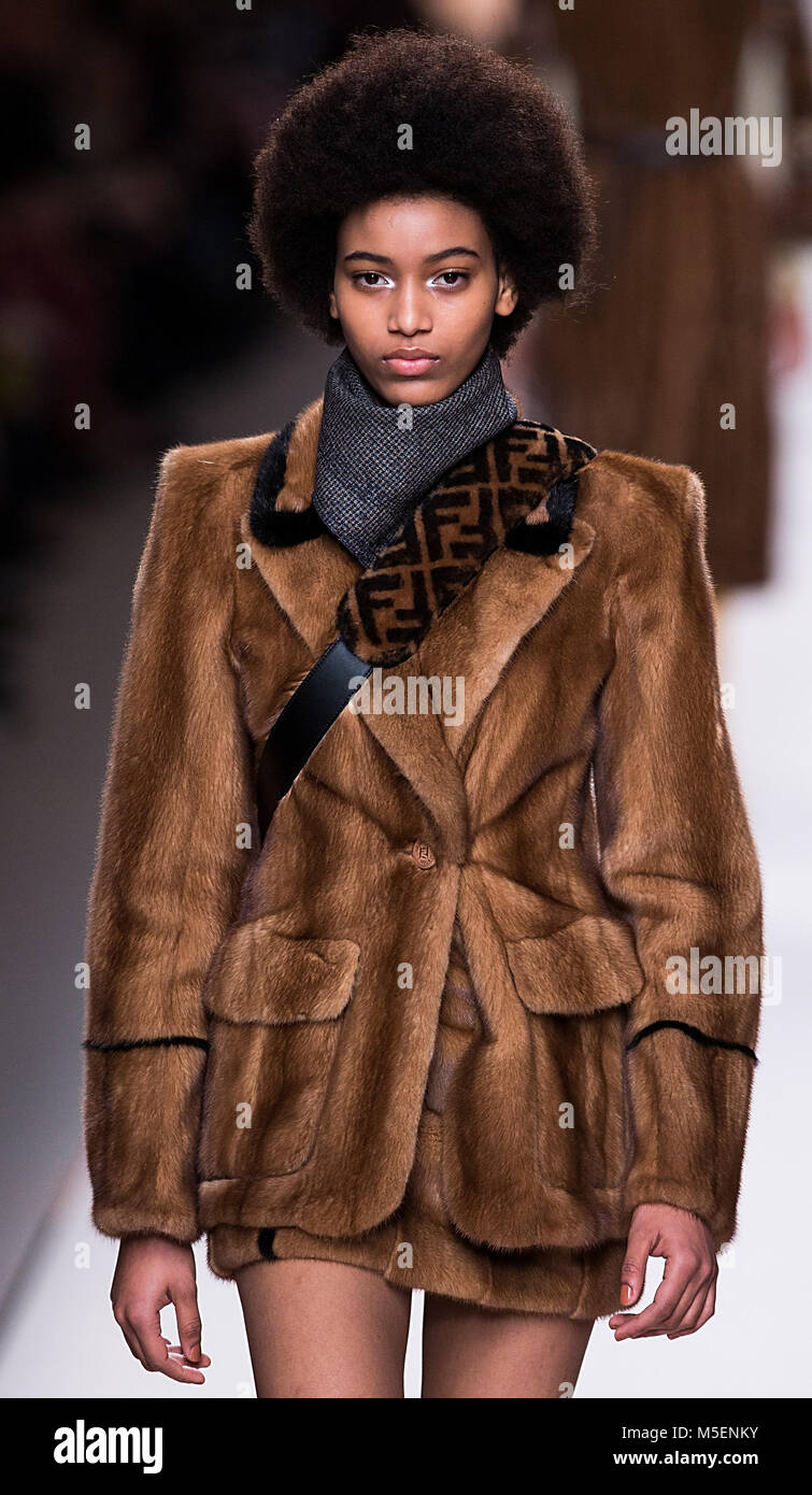 Milan Italy. 22nd Feb 2018. A model presents a creation of Fendi Autumn Winter 18 19 women collection during Milan Fashion Week in Milan Italy Feb. 22 2018. Milan fashion week kicked off Tuesday