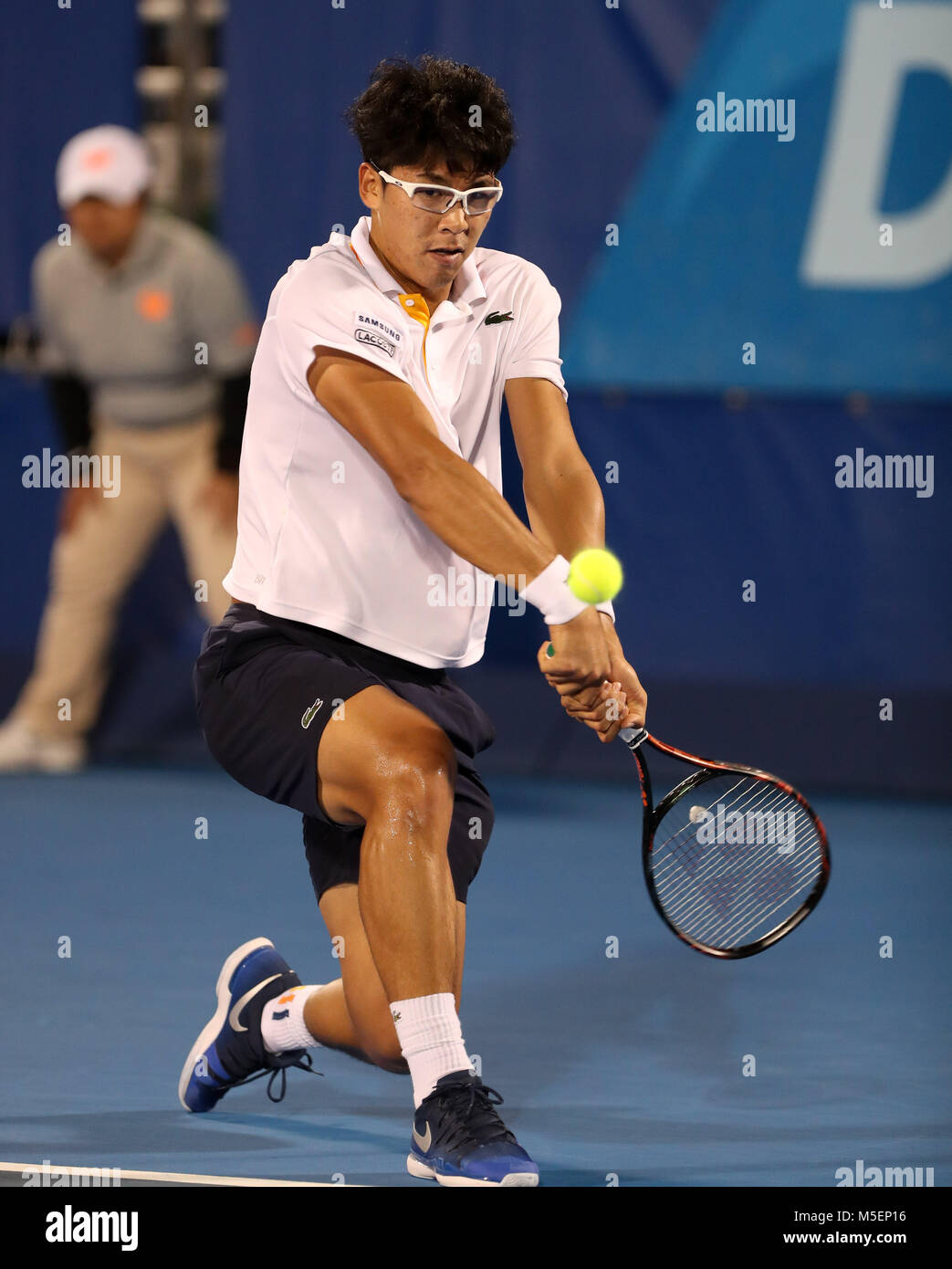 Delray Beach, Florida, USA. 22nd Feb, 2018. Hyeon Chung, from Korea, hits a  backhand against Franko Skugor, from Croatia, during the 2018 Delray Beach  Open ATP professional tennis tournament, played at the