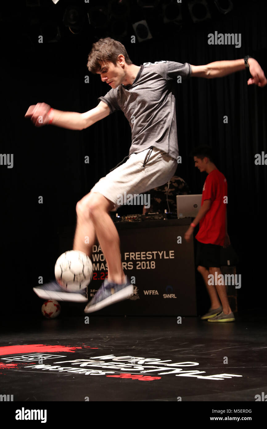 Tokyo, Japan. 22nd Feb, 2018. Polish freestyle football player Michal Rycaj  (Micharyc) performs during the DAZN World Freestyle Masters 2018 in Tokyo  on Thursday, February 22, 2018. Michryc won the tournament while