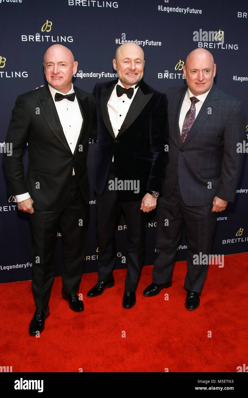 Brooklyn, NY, USA. 22nd Feb, 2018. Georges Kern, Scott Kelly and Mark Kelly at arrivals for North American Stopover of the Breitling Global Roadshow, The Duggal Greenhouse, Brooklyn, NY February 22, 2018. Credit: Jason Mendez/Everett Collection/Alamy Live News Stock Photo