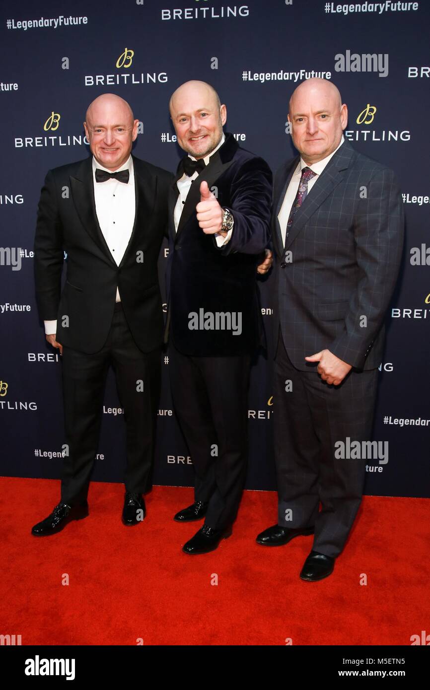 Brooklyn, NY, USA. 22nd Feb, 2018. Georges Kern, Scott Kelly and Mark Kelly at arrivals for North American Stopover of the Breitling Global Roadshow, The Duggal Greenhouse, Brooklyn, NY February 22, 2018. Credit: Jason Mendez/Everett Collection/Alamy Live News Stock Photo