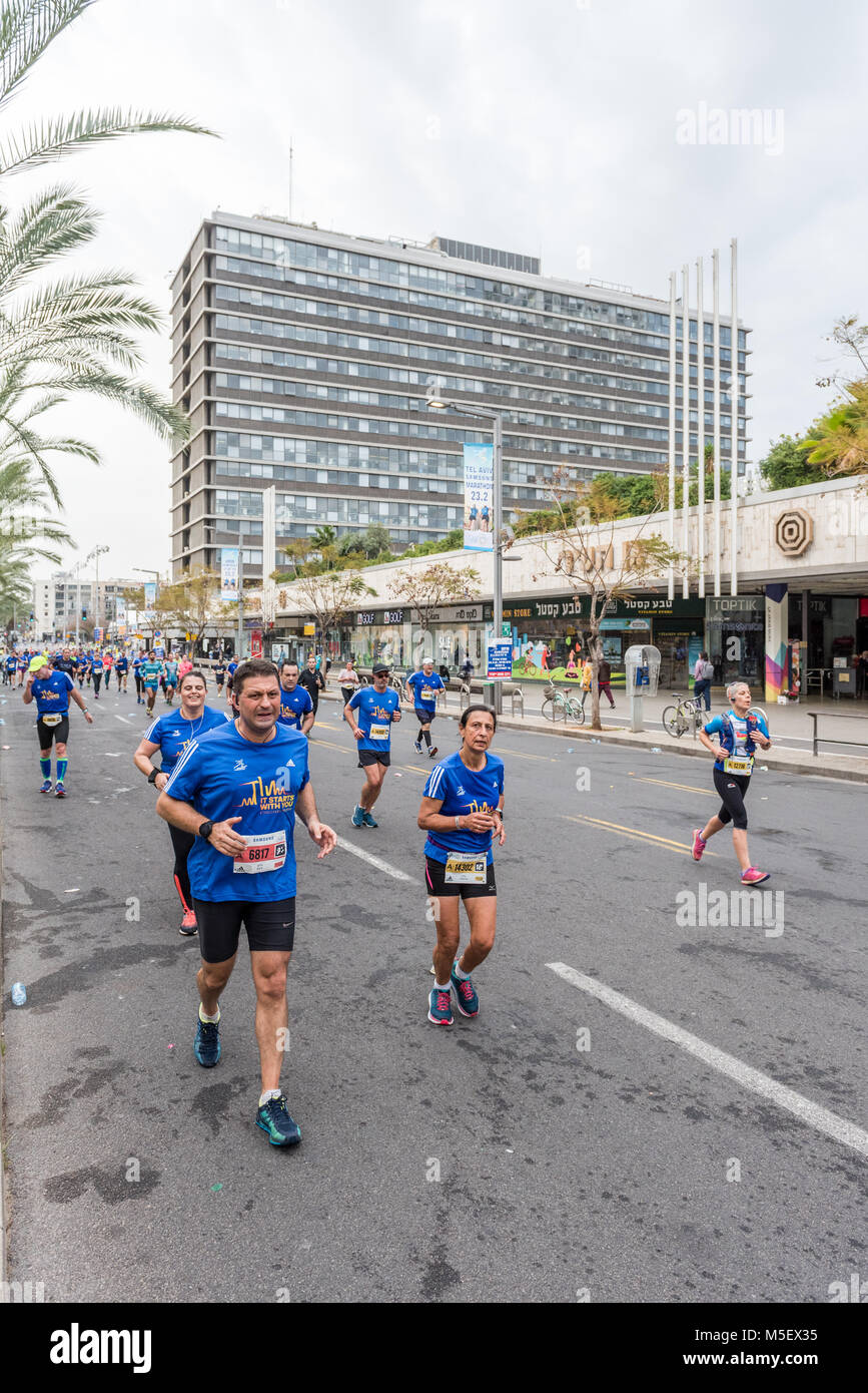 Israel, Tel Aviv-Yafo - 23 February 2018: 2018 Tel Aviv Samsung marathon. Including a full marathon, half marathon, 10km and 5km run, as well as 42km hand cycle race for people with special needs. This is the biggest sporting event and main marathon in Israel, with more than 35 thousand runners! Credit: Michael Jacobs/Alamy Live News Stock Photo