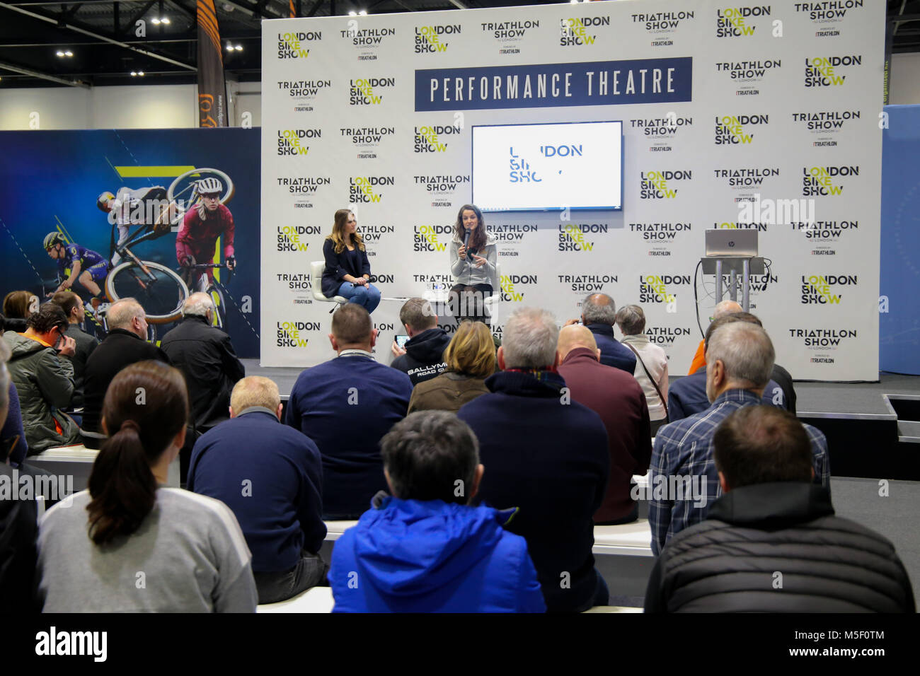 London UK  23 February 2018 Lizzie Deignan in the stage of the London Bike Show 2018, Lizzie established herself as the dominant rider on the international women’s road racing scene,winning  the 2014 and 2015 UCI Women’s World Cup series and  winning the 2015 road race World Championship in Richmond, USA and the Tour of Flanders in 2016.The Yorkshire lass  also had the honor of being the first British athlete to win a medal ,silver, at the London Olympics in 2012 @Paul Quezada-Neiman/Alamy Live News Stock Photo