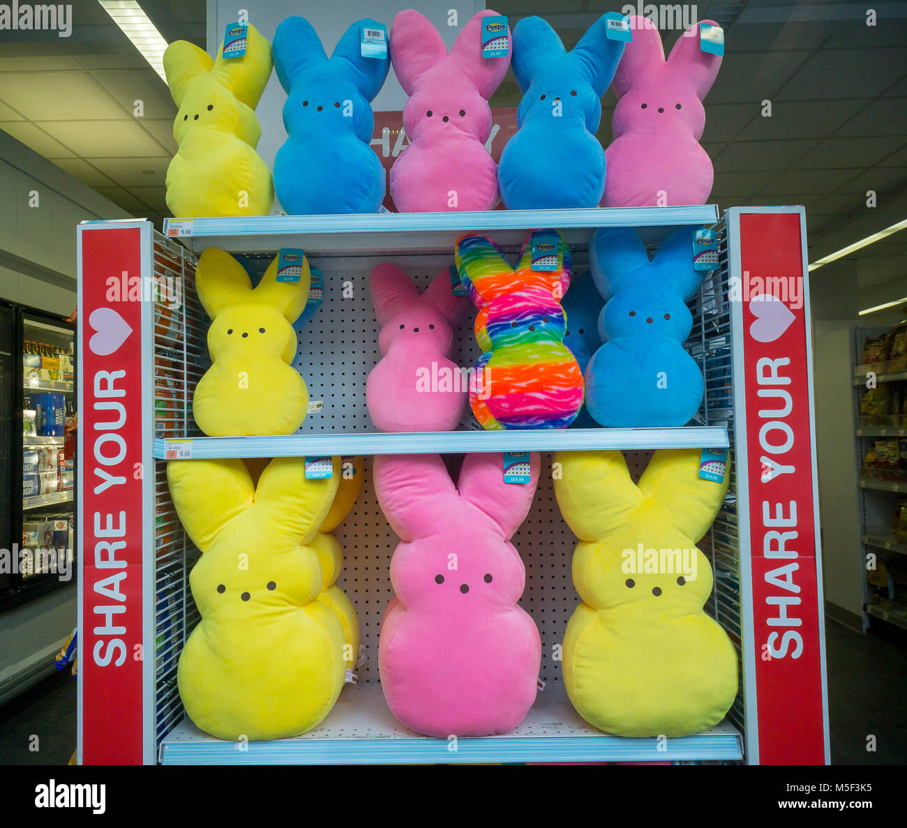Giant plush Peeps on display in a Duane Reade drugstore in New York on  Tuesday, February 20, 2018 in rather early preparation for Easter Sunday,  April 1. (Â© Richard B. Levine Stock Photo - Alamy