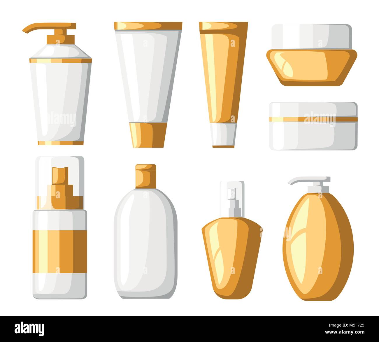 Set of cosmetics contaniers tubes and bottles white and golden plastic