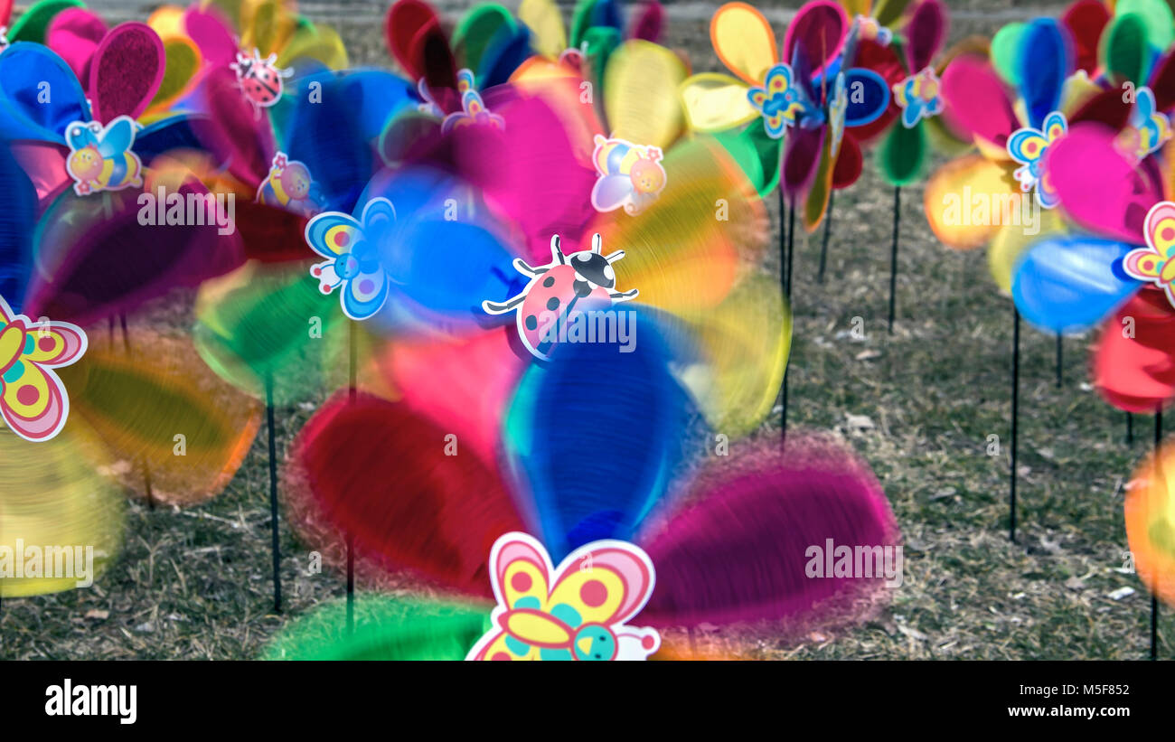 Palic Lake, Vojvodina, Serbia - A lot of toy windmills spinning in the park Stock Photo