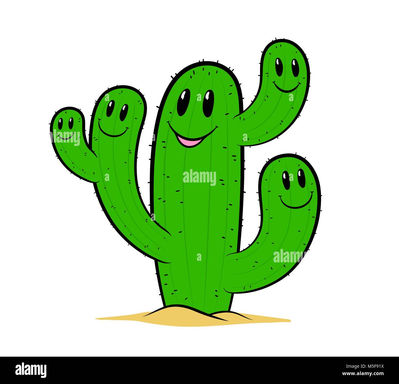 Cute green cartoon cactus friends with happy smiling faces on its branched spiny arms growing in desert sand isolated on white, vector eps8 illustrati Stock Vector