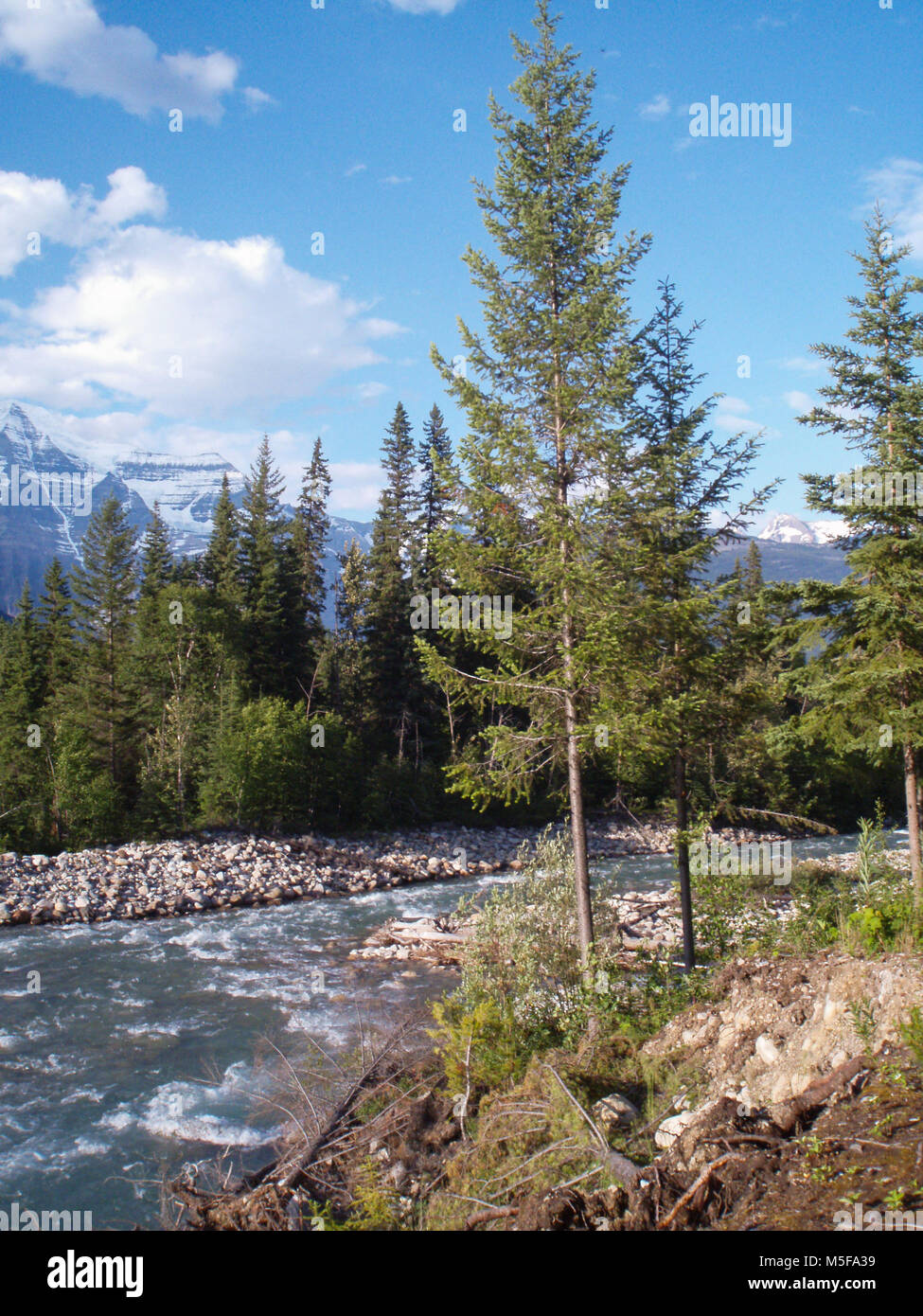 Scenic mountain view from the river bank in Mount Robson. Stock Photo