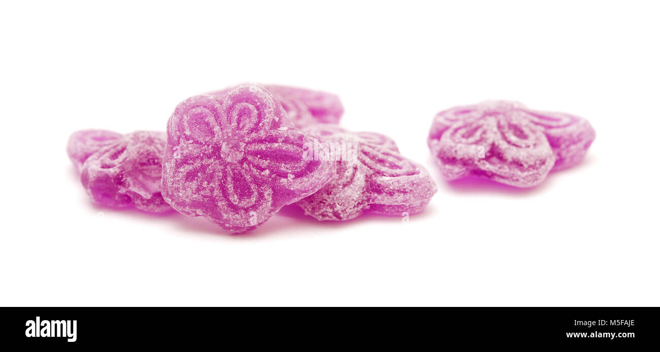 violet candy, hard candy in shape of violet flower, aromatized with