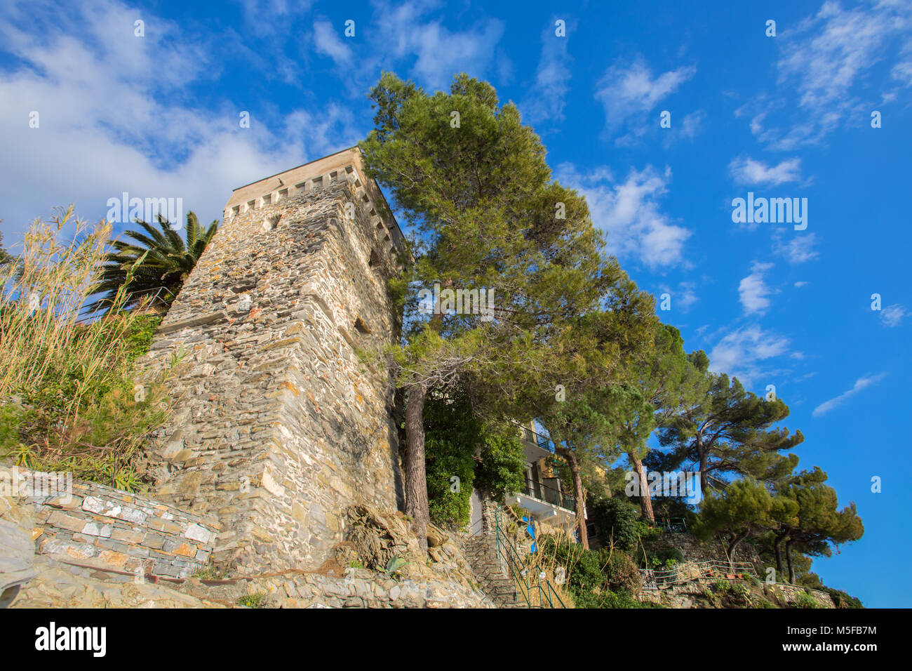 The old castle with clear blue sky at Zoagli, Genoa, (Genova), Italy. Stock Photo