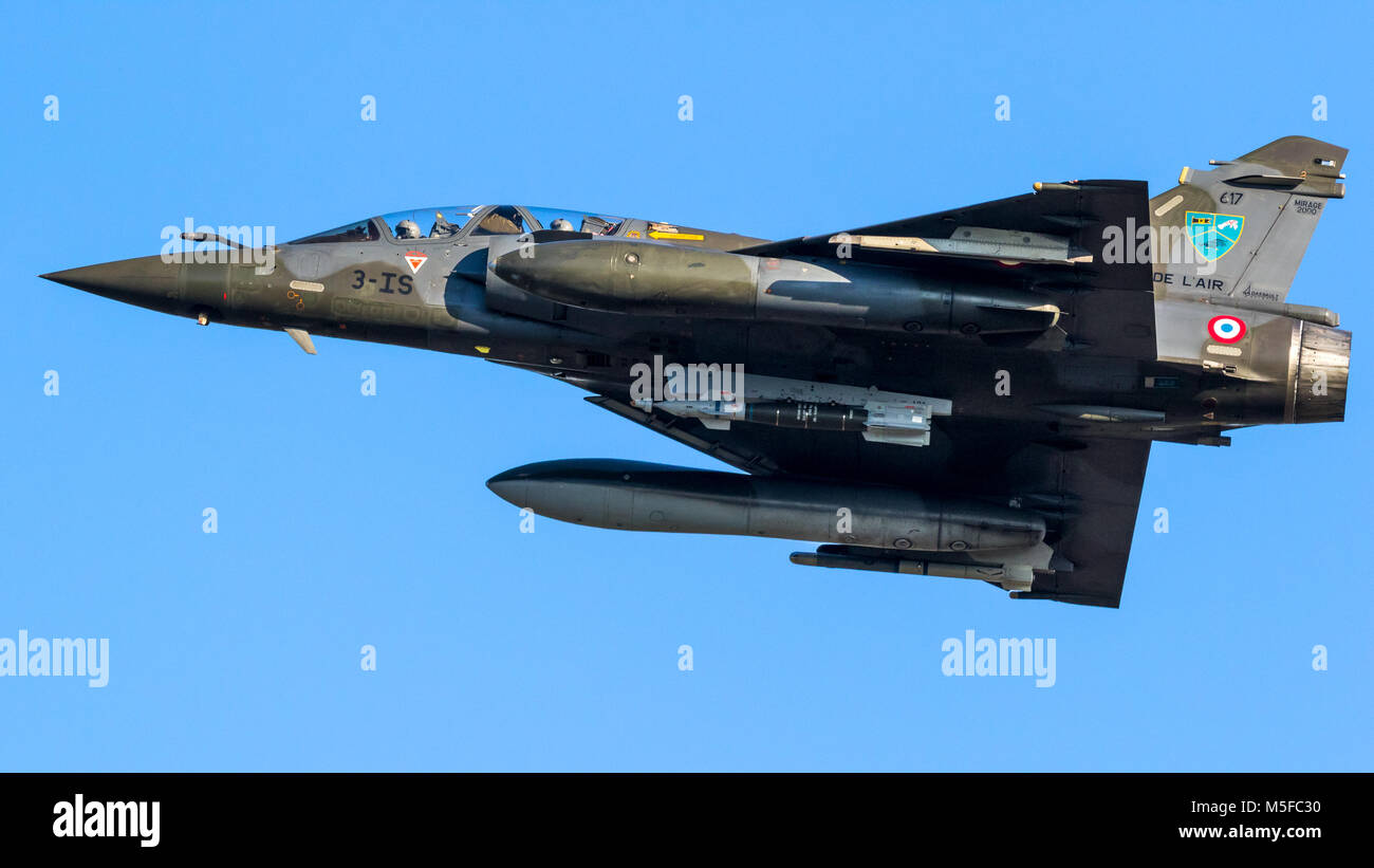 LEEUWARDEN, NETHERLANDS - MAR 28, 2017: French Air Force Dassault Mirage 2000 fighter jet plane in flight during exercise Frisian Flag. Stock Photo