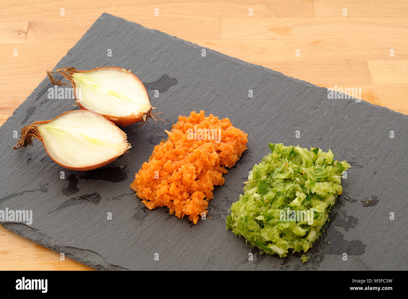 Mirepoix Tricolor Vegetables Arranged On Slate Black Plate Concept For Haute Cuisine From Above Minced Orange Carrot Green Celery And Onion Stock Photo Alamy