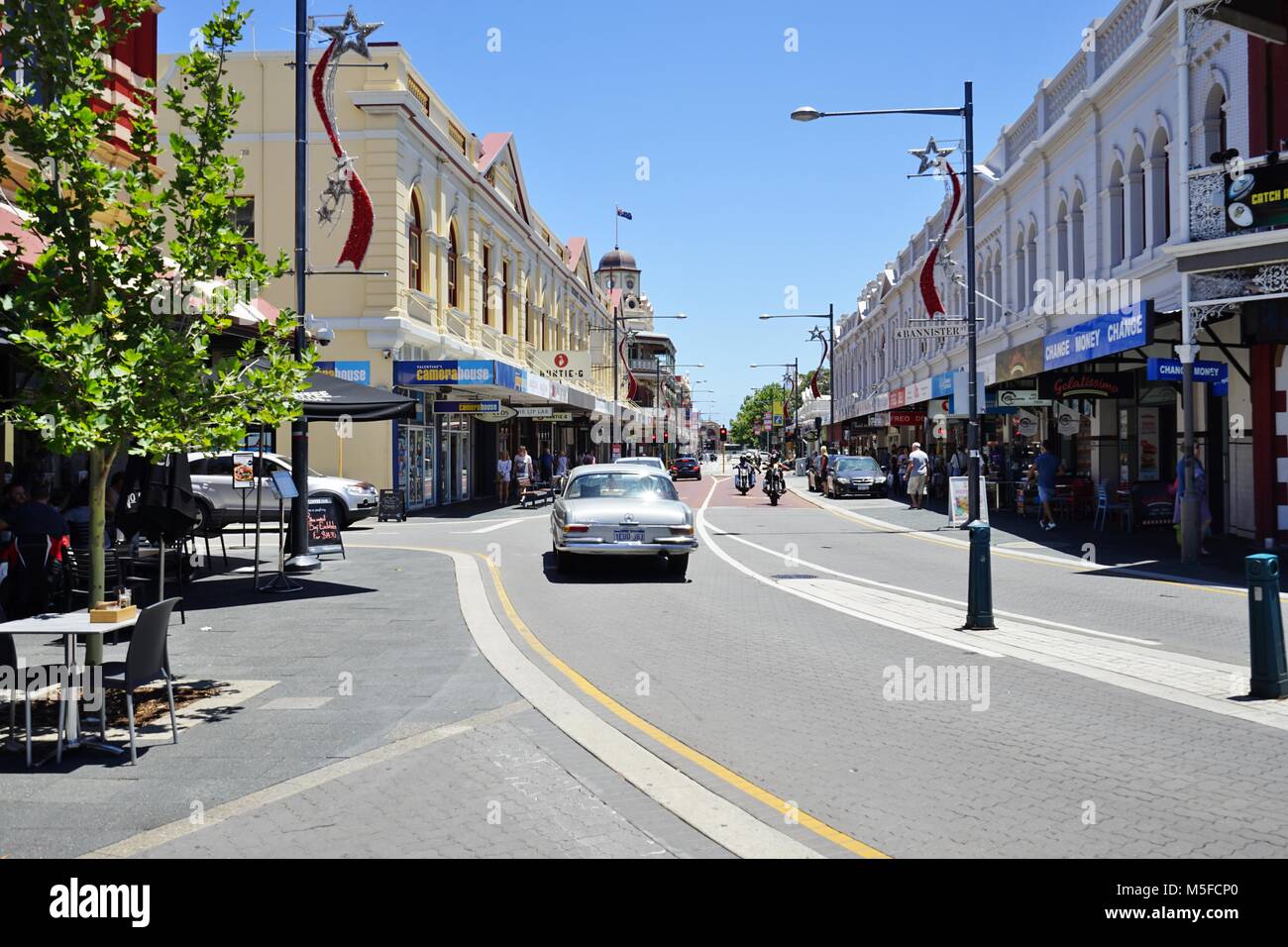 View of buildings and people on the street in downtown Fremantle, a town located near Perth in Western Australia. Stock Photo