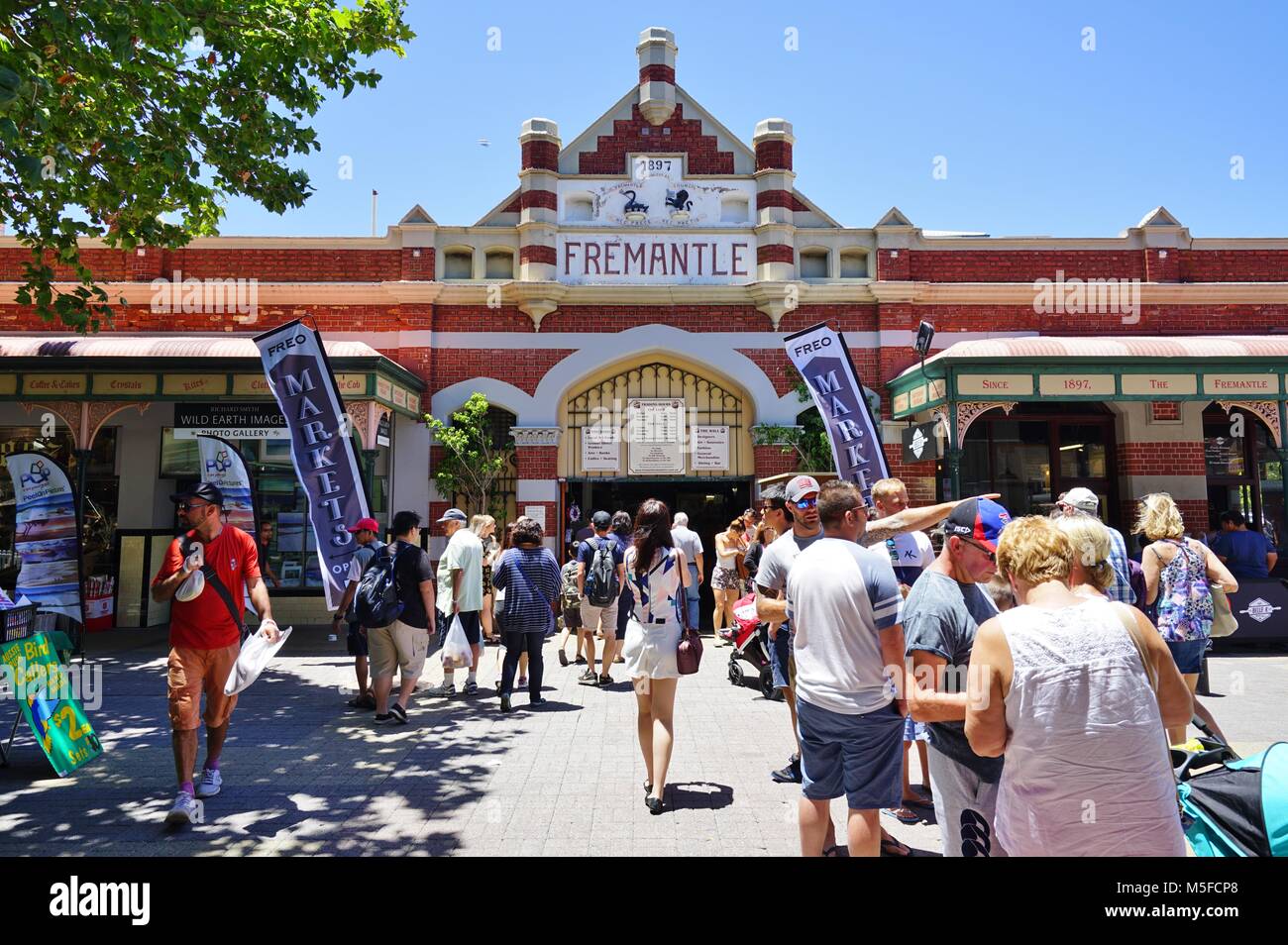 View of buildings and people on the street in downtown Fremantle, a town located near Perth in Western Australia. Stock Photo