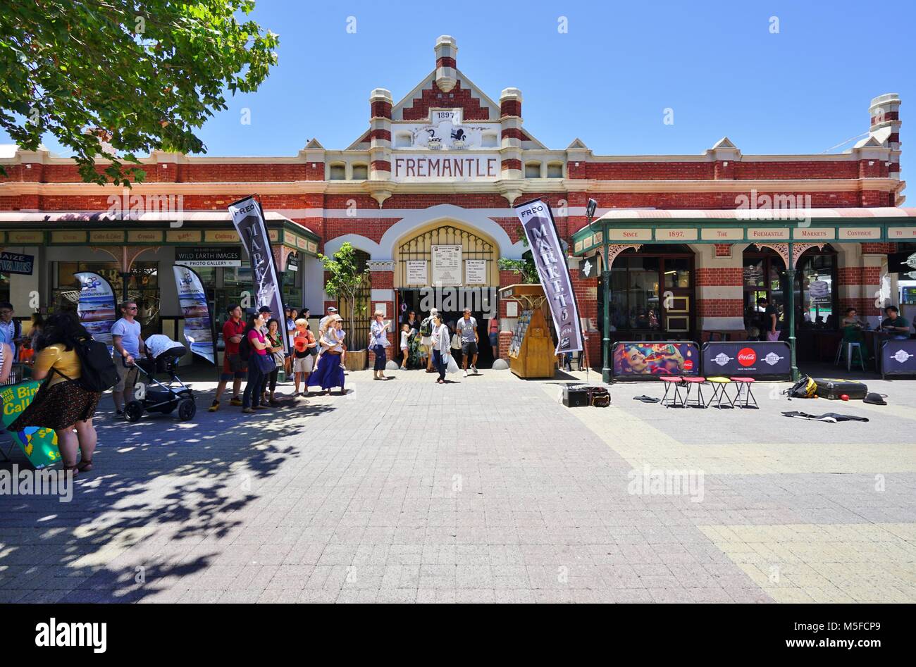 View of buildings and people on the street in downtown Fremantle, a town located near Perth in Western Australia. Stock Photo